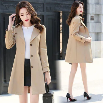 Outono Cáqui Trench Coat Mulher 2023 Nova coreano Único-do-peito Médio-Longo Mulheres Trench Coat Casaco Blusão Feminino Tops
