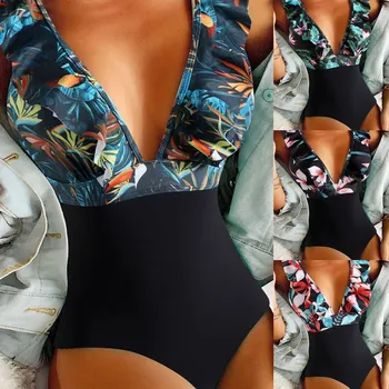 V Cintura fatos de Banho de Alta Impressão Digital de Mulheres Slim Profunda Swimwears Esportes Acolchoado Monokini Beachwear
