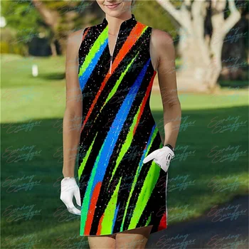 Golfe Mulher Impressão Colorida de Moda de Vestido de Esportes Confortável Secagem Rápida sem Mangas Vestido de Execução Sportswear