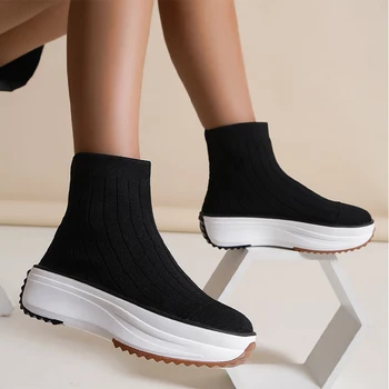2023 Mulheres, Plataforma De Tecer Chelsea Boots Meados De Saltos Tornozelo Sapatos Da Moda Vestido De Tricô Goth Nova Tendência De Inverno Casual Sapatos Mulheres