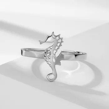 Anel de Aço inoxidável Bonito Oceano cavalo-Marinho Hipocampo de Moda Ajustável Dedo anilhas Abertas para as Mulheres, Novo Design de Jóia Animal do Presente