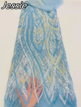 N2024 Africana Bordado de Lantejoulas de Alta Qualidade Com Lindo Frisado Padrão de Tecido de Malha francesa, Tule Tecido Líquido de Costura vestido de DIy