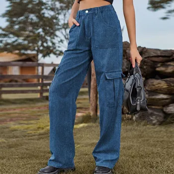 Mulheres Calças Cargo 2023 Moda Elástico De Cintura Personalizado, Bolso Jeans Carga Casual Calças Y2k Calças Largas Elegante Pantalones