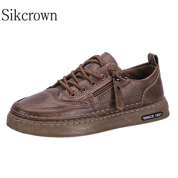Brown Homens PU de Couro e Sapatilhas Casuais Sapatos de Moda de Microfibra com Renda de Até Placa Plana Sapatos ao ar livre o Homem Esporte Sapatos Com Zíper Lateral