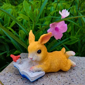 Jardim Coelho De Leitura Estatueta Para Animais Pequenos Ornamentos Peitoril Da Janela Bonsai Miniaturas De Fadas Quintal Resina Decoração