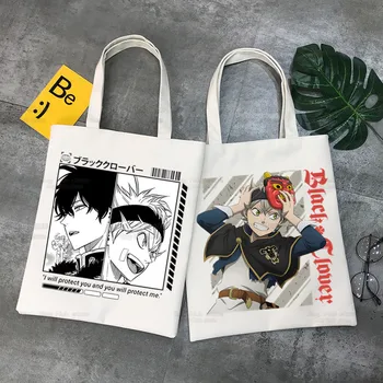 Preto Trevo De Ulzzang Shopper Bag Impressão De Lona Harajuku Asta Anime Tote Bag Bolsas Mulheres Saco De Harajuku Sacos De Ombro