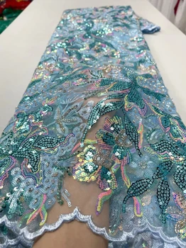 5yards Africana 2023 de Luxo de Alta Qualidade Verde Pesado Frisado Rendas Bordados de Lantejoulas Vestido de Noiva Nigeriano Para as Mulheres de Tecido de Malha