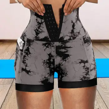 Mulheres de Shorts de Cintura Alta Barriga de Controlo de Treino, Calções de Bunda levantada Tie-dye com Fecho à Frente de Compressão Elástica Slim Fit Yoga Shorts