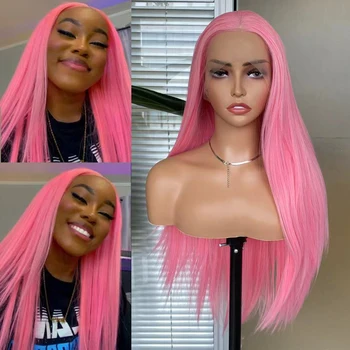 AIMEYA Peruca cor-de-Rosa para a Moda as Mulheres Longas Retas de Seda Sintética Lace Front Wig Natural de Fio Sintético Peruca de Renda Azul/Loira