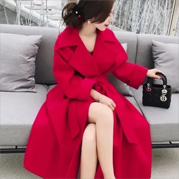 2023 outono e inverno novo estilo coreano solta a moda do cinto de cor sólida médio longo de mulheres casaco