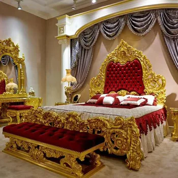 Estilo europeu villa quarto de folha de ouro cama de madeira maciça de escultura quarto principal casamento cama palácio francês cama de casal