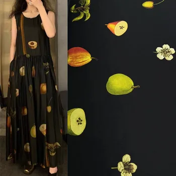 Europeus E Americanos Preto de Volta Frutas Impresso Naturais Tecido de Seda Para as Mulheres, Vestido de Blusa Artesanal DIY Pano de Costura