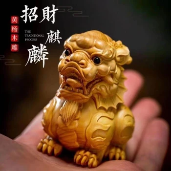 Buxo escultura peça de mão Qilin Rui besta Zhaocai casa de cidade artesanato jogar objetos de decoração de viaturas, decoração