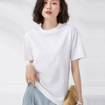 Mulher roupas de Verão Tops Sólido de Manga Curta Solta O pescoço de 100% Algodão Casual Camisas Harajuku coreano Mulher Tshirts