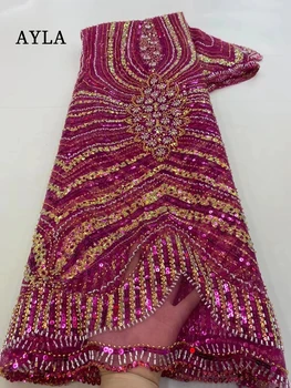 Moda francesa Tecido de Renda 2023 Malha com Lantejoulas Tecido de Tule Bordado por Noite, Vestido de Festa de Costura 5 Metros Frisado Tecidos