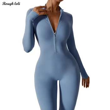 Novo Manga Longa Zip Bodysuit para as Mulheres, Uma Peça de Conjunto de Yoga Treino Jumsuit Sportswear