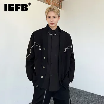 IEFB Homens Casaquinho com decote em V Moda Jaqueta de Zíper Divisão Nicho de Personalidade de Design Vestuário Masculino coreano Estilo Casual Casaco 9C1741