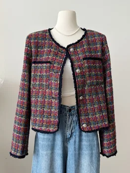 Alta Qualidade Francesa Vintage Pequeno Fragrância Casaco De Tweed Para As Mulheres De Outono Inverno Coreano Moda Casual Xadrez Tecer Curto Coats