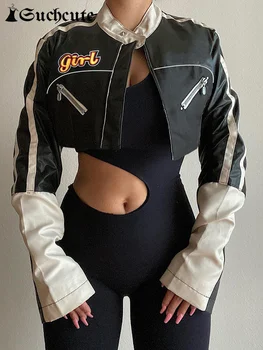 Moto Zíper de Retalhos de Couro Revestimento do PLUTÔNIO das Mulheres Moto Motociclista Letra Imprimir Estilo Punk Super Safra de Jaquetas de Corrida 2023