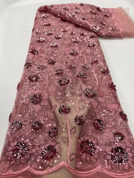 2023 Atacado de Alta qualidade Africano cor-de-rosa 3D de Lantejoulas tecido do laço festa de casamento de material de Bordado de renda francesa tecido DIY de costura