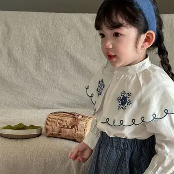 Blusas Crianças De Vestuário, Bordados Virada Para Baixo De Gola De Camisa De Outono Nova-Coreano Meninas Bebê Manga Longa Maré