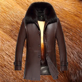 Casacos de inverno para Homens Médio-longo Jaqueta de Couro Genuíno Homem de Roupa Preta de Moda Casaco Masculino Fox Fur Collar Chaquetas Hombre