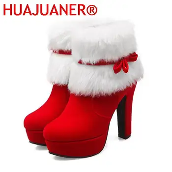 Inverno Mulheres Botas De Natal Tornozelo Botas De Salto Alto Sapatos De Senhoras Femme Quente Botas Curtas Vermelho Sapatos Pretos Plus Size 34-43