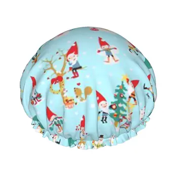 Natal Bonito Gnome Impermeável, touca de Banho com Elasticized Bainha Reversível Duche Dormir Bonnet Pac para Todos os Comprimentos de Cabelo