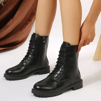 Sapatos de senhoras na Venda De 2023 Novo Tornozelo Botas femininas Clássicos Modernos Botas de Mulheres Laço na Lateral do Zíper Rodada Toe Salto Baixo de Sapatos Mulheres
