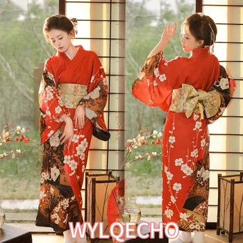 Quimono Vermelho Mulheres Japonês Tradicional Yukata Haori Kimonos Cosplay Vestido Feminino Moda Verão Fotografia Roupas Vestido Formal