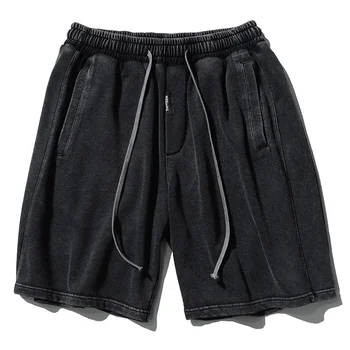 Verão Novo Angustiado Shorts Homens Japoneses Lavado Retro Streetwear Preto Solto e Casual Cordão Elástico na Cintura Curto