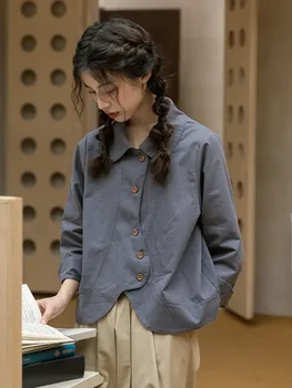 Japonês Design Retrô Camisas de Mulheres Moda Primavera perder Toda a correspondência de Lazer Sólido Estudantes de Licitação Diário Vire para baixo de Gola Outwear