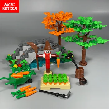 MOC Tijolos DIY Agricultor Cenoura Planta Árvore de Bordo Aldeia de Fazenda de Vista de Modelo de Ponte de ensino Construção de Blocos Montados Brinquedos