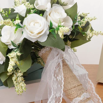 Simulação De Rosas De Casamento Nupcial Mão Bouquetwith Laço Branco Pérola Flores Artificiais Celebração De Fotografia Para Festas