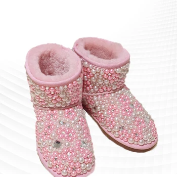 Moda de pérola, strass cor-de-rosa doce botas de neve engrossado quente antiderrapante popular de algodão, sapatos mulheres