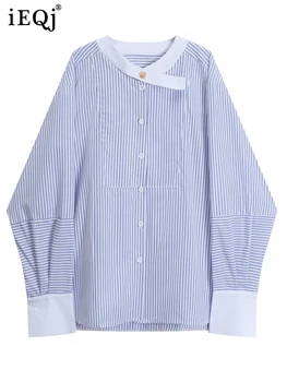 IEQJ Clássico Azul E Branco Listrado Camisa de Manga Longa Para as Mulheres de Pescoço Redonda Casual e Versátil Blusas 2023 Roupa Nova 3WQ7783