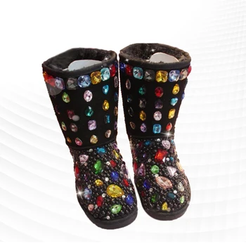 Moda irregulares de cor de pedra de strass de botas de neve para engrossar quente antiderrapante popular de algodão, sapatos para as mulheres com veludo sapatos femininos